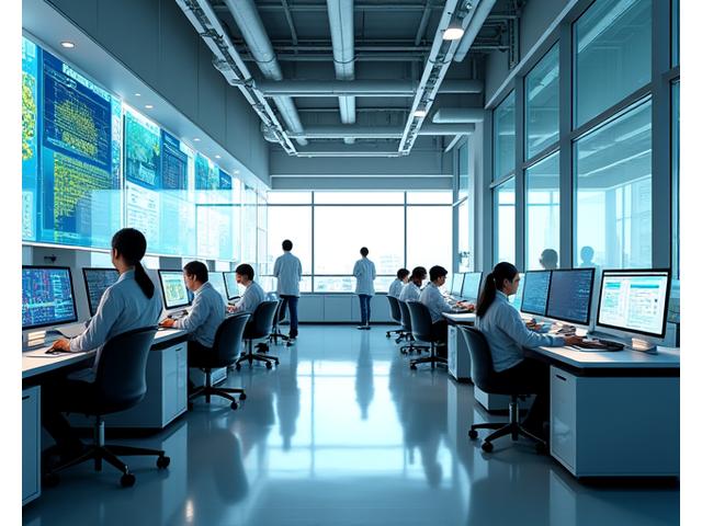 A modern, high-tech AI research lab with complex data visualizations on screens and scientists collaborating, symbolizing ChartWise's innovation focus.