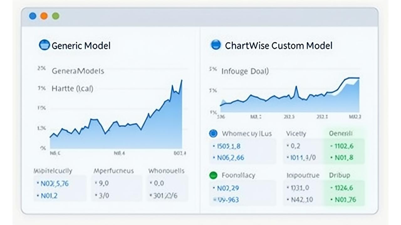 An interactive dashboard displaying benchmark comparisons between ChartWise's custom AI models and typical off-the-shelf solutions. Clearly shows graphs trending upwards for ChartWise's accuracy and downwards for inference time, with tabular data confirming performance gains.