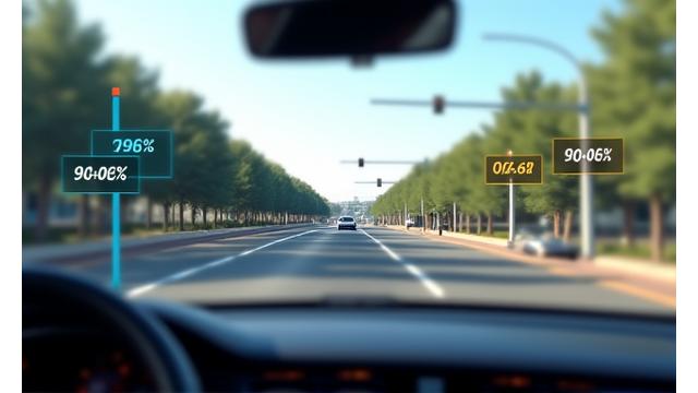 Autonomous vehicle sensor data displayed with AI confidence scores for pedestrian recognition, emphasizing safety.