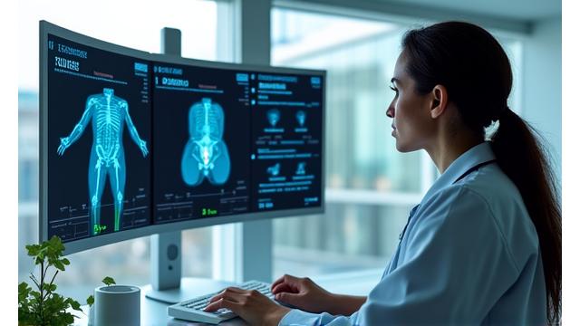 Medical professional reviewing a digital scan with overlaid AI confidence scores, indicating diagnostic certainty.
