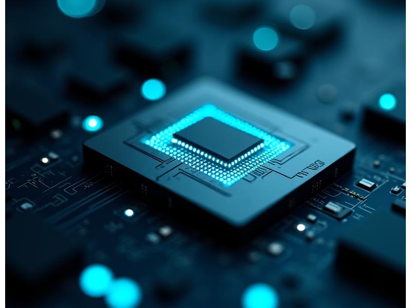 Futuristic, sleek automotive processor chip glowing with blue light, representing high-performance edge computing for AI.