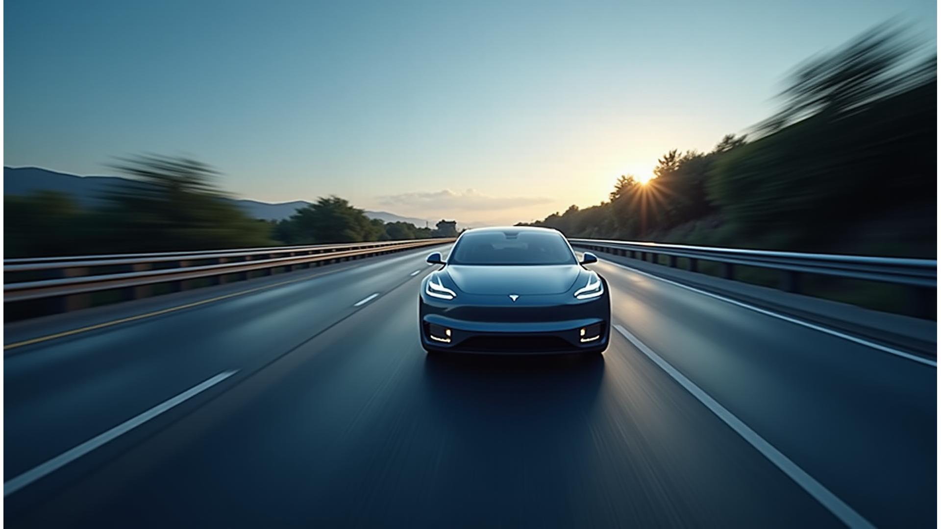 Autonomous vehicle on a futuristic road, enhanced with AI perception overlays showing object detection and trajectory predictions.
