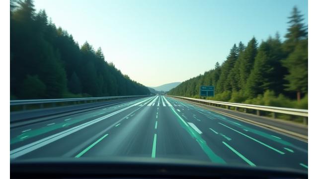 AI visualising detected lane lines, road boundaries, and drivable paths on a complex road network.