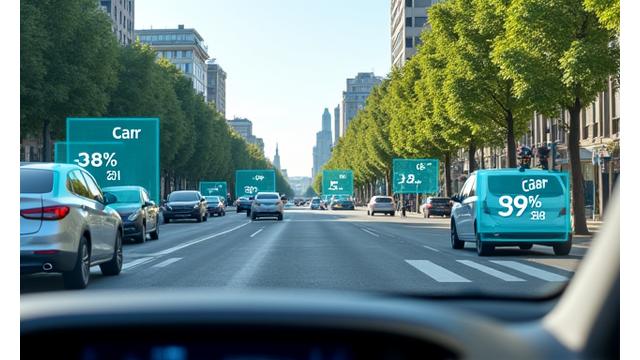 AI overlay detecting various objects like vehicles, pedestrians, and cyclists with bounding boxes and confidence scores.