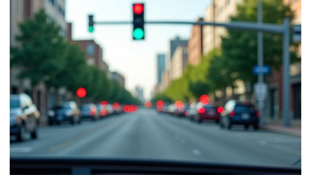 AI system identifying traffic lights and road signs, indicating their status and meaning.