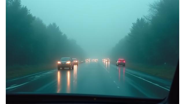 Autonomous vehicle sensors adapting vision in heavy fog or rain, showcasing robust performance in adverse weather.