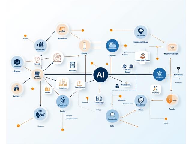 Flowchart illustrating a business workflow with distinct points where AI automation brings efficiency and makes intelligent decisions, showing iterative improvement.