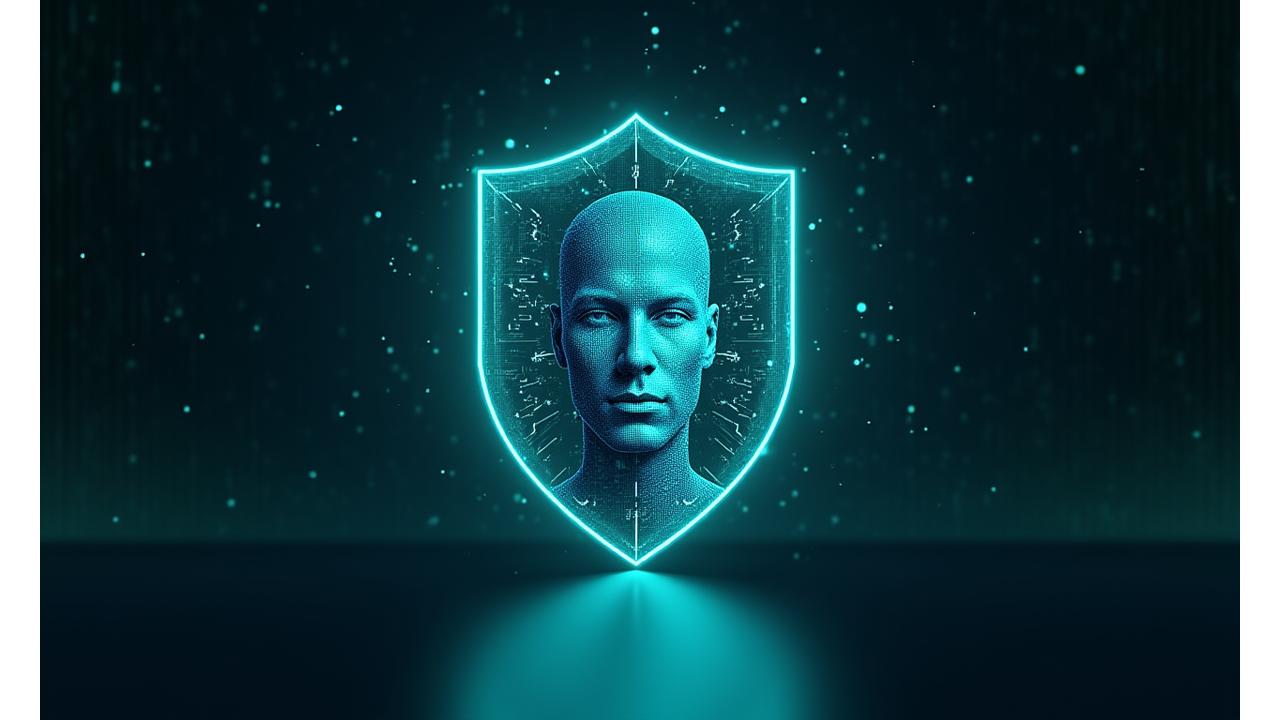 Abstract representation of a digital shield protecting data from complex, fluid deepfake waveforms.