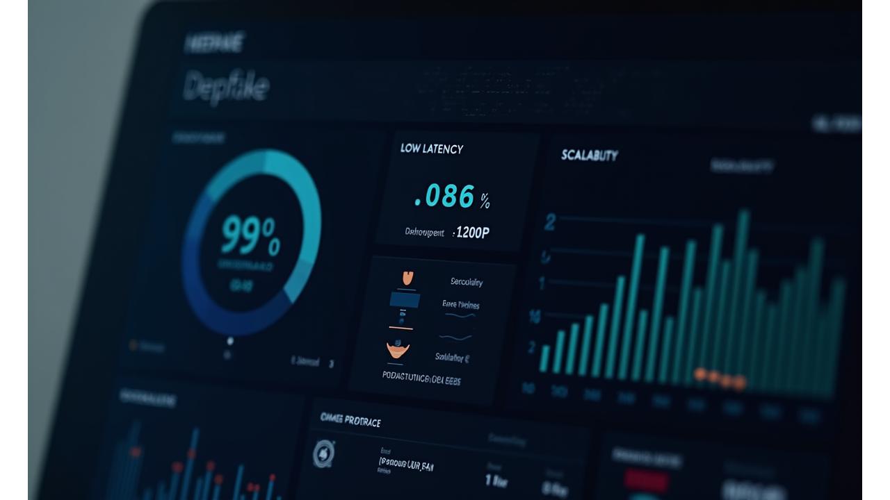 A sleek digital dashboard displaying various performance metrics: high accuracy rates, low latency, scalability graphs, and continuous update indicators, showcasing reliable deepfake detection.