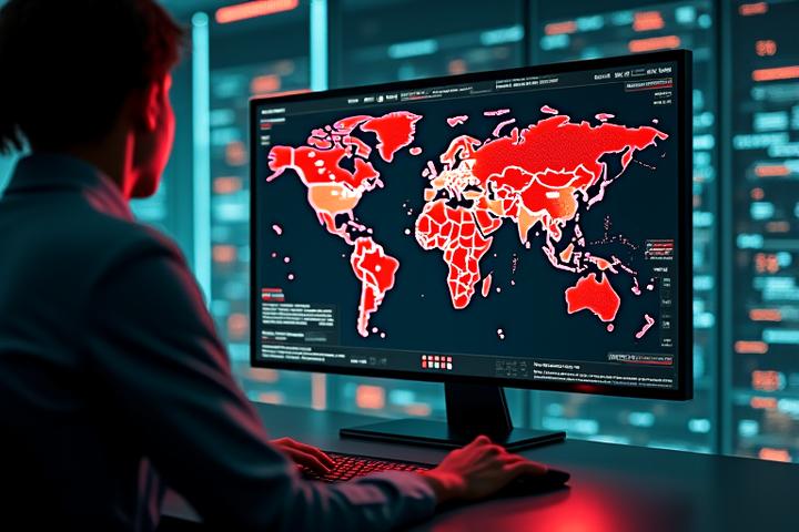 Sophisticated digital dashboard showing global threat map, real-time data streams, and analytics related to deepfake activity, with security overlays.
