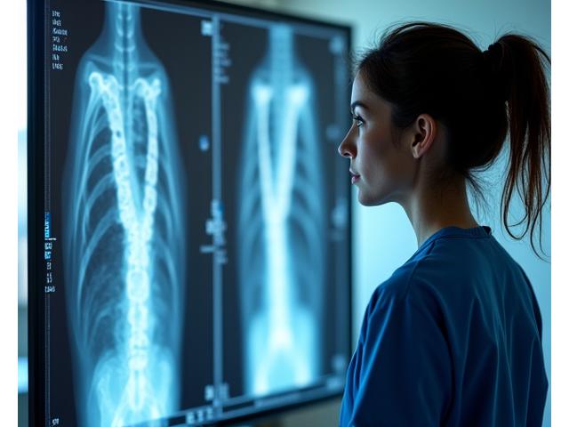 Medical professional reviewing X-ray images on a modern, clean digital interface.