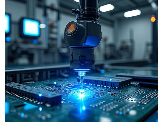 Automated quality control robotic arm inspecting circuit boards on a production line.