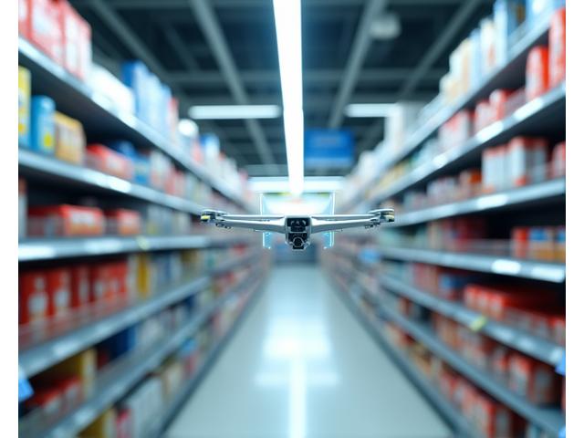 Retail store aisle with shelves being automatically scanned by advanced cameras for inventory management.