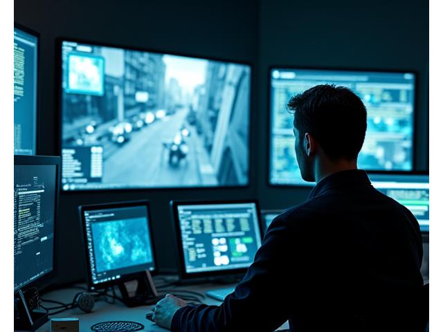 Control room with multiple screens displaying real-time surveillance footage and AI-powered anomaly detection alerts.