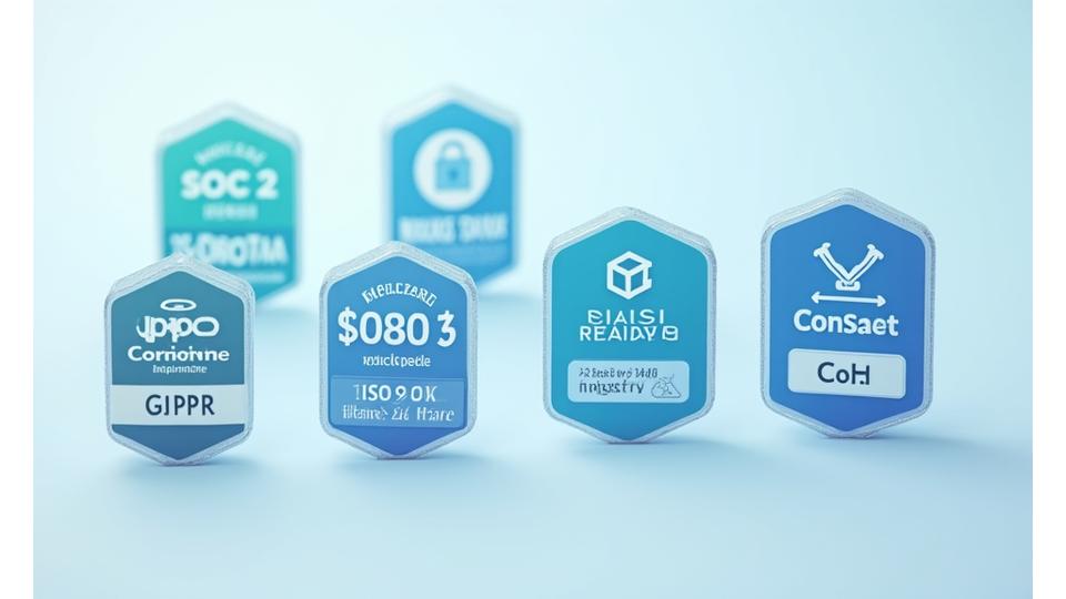 A polished array of international and US-specific compliance certification badges (GDPR, HIPAA, ISO 27001, SOC 2) displayed against a clean technical background.