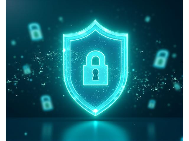An abstract representation of data encryption and privacy, featuring interlocking geometric shapes forming a protective shield around glowing data points, utilizing blue and green brand colors.