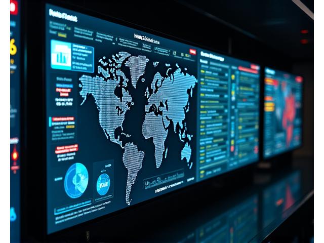 A large, dynamic screen showing a real-time security operations center (SOC) dashboard, with graphs, alerts, and world map indicating threat origins, glowing with blue and red warning lights.