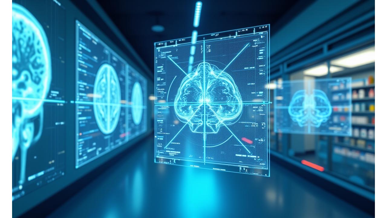 AI analysis overlay on diverse imagery- medical scans, self-driving car POV, retail shelf with product recognition