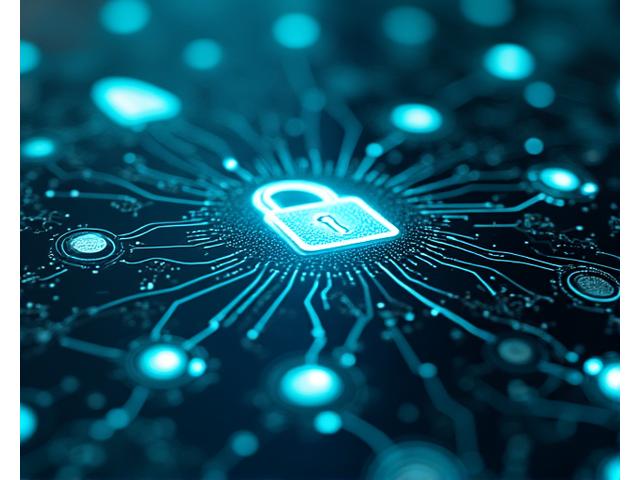 Network of interconnected digital locks and encryption symbols overlaid on a circuit board design, symbolizing strong technical security.