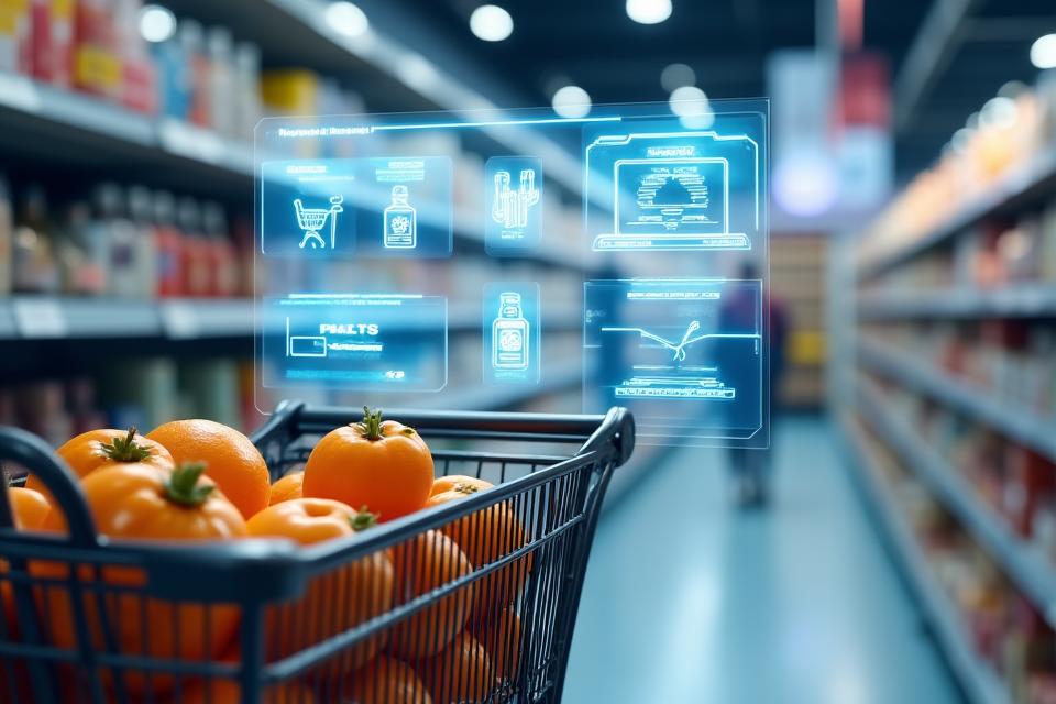 AI vision system scanning products in a shopping basket, showing real-time recognition and price calculation on a digital interface.