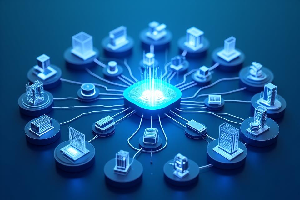 Complex integration architecture diagram showing various retail systems (POS, inventory, security, e-commerce) interconnected by AI modules, with data flow arrows.