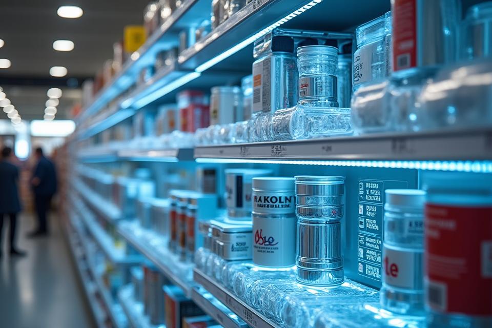 AI system monitoring a retail shelf, identifying out-of-stock items and misplacements, displaying data on a holographic interface.