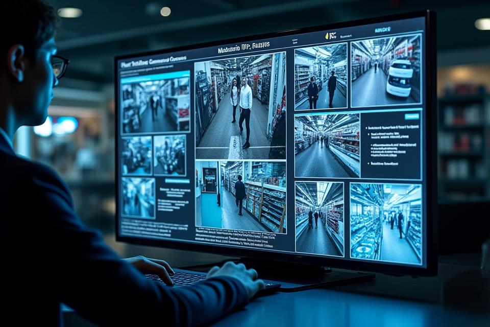 Security monitoring dashboard displaying real-time video feeds with AI-generated alerts highlighting suspicious activity in a retail environment.