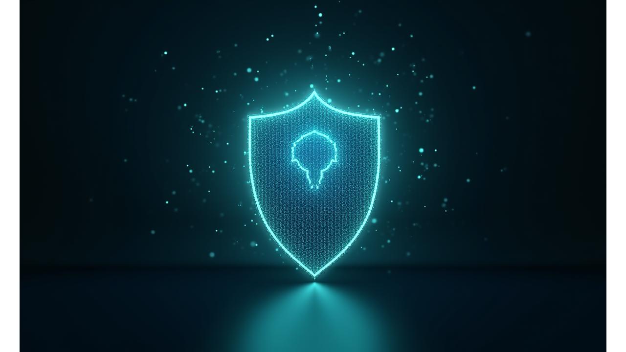 Abstract digital shield icon, composed of glowing blue and green lines on a dark background, representing data protection and intellectual property security in AI.