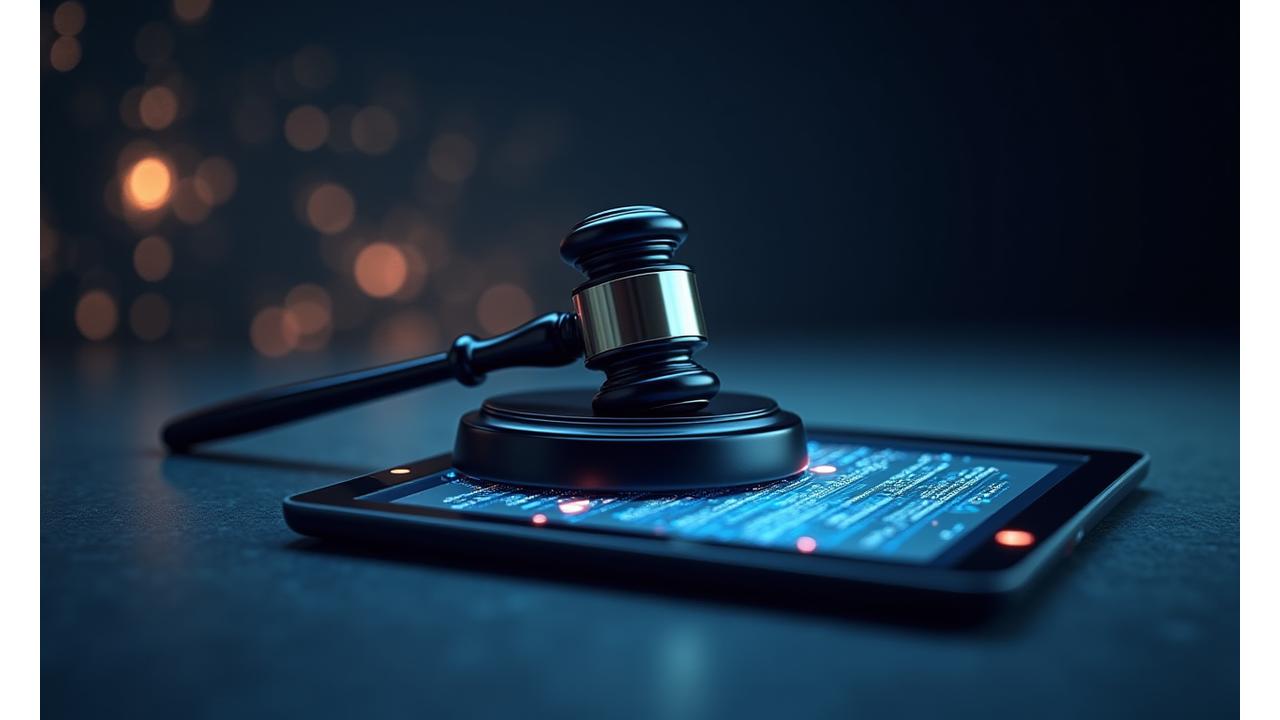 Stylized image of a modern gavel placed on a digital tablet displaying legal documents, symbolizing clarity, justice, and modern legal consultation for technology services.